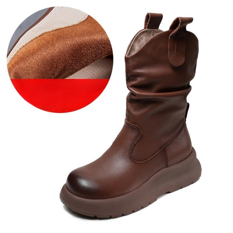 Mid-calf Leather Boots with Pleats, Stylish Women's New Shoes, Fashionable Boots
