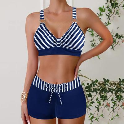 Conjunto de bikini de talla grande para mujer, de moda, sexy, con cuello redondo y rayas azules, traje de baño de playa ajustado de dos piezas