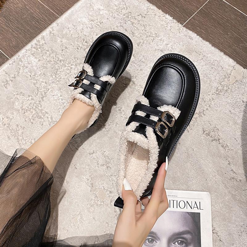 

Mao Mao shoes for women s autumn and winter new platform loafers, plush warm thickened cotton shoes, British style small leather shoes for women 33 чорний
