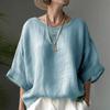Solid Color Linen Top: Comfortable Round Neck Loose Plus Size Shirt