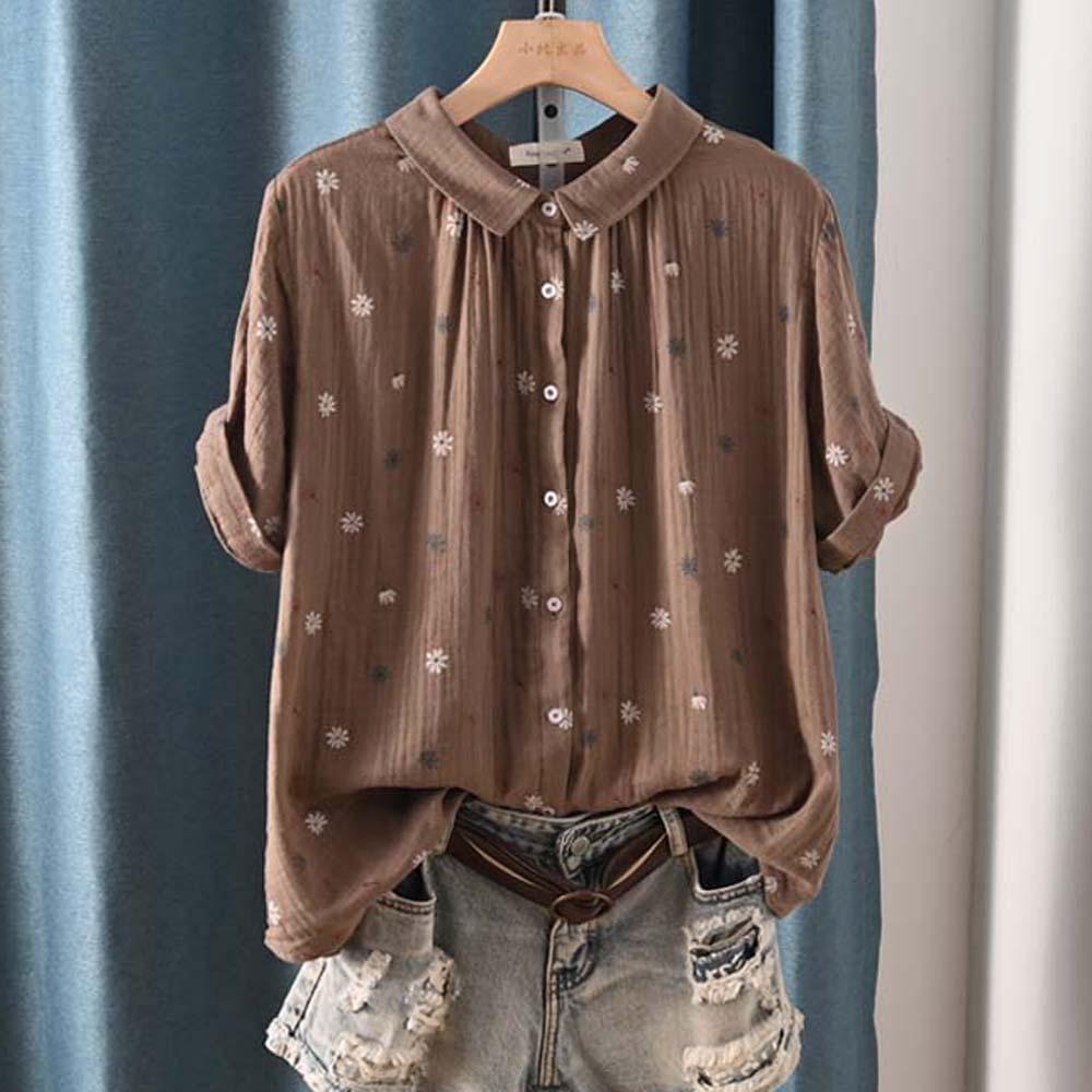 Niche Literary Temperament Lapel Printed Short-sleeved Shirt Women's Double-layer Cotton Yarn Loose Casual
