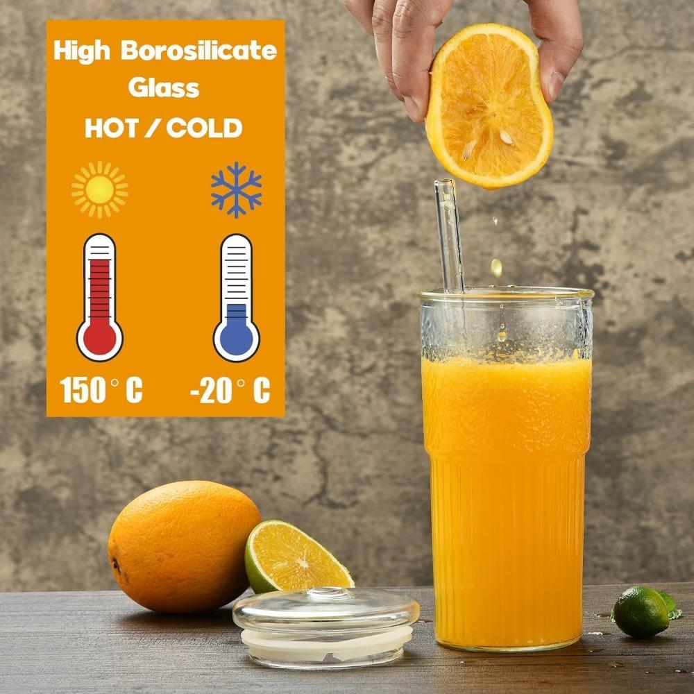 Stripe Glass Cup with Lids and Straws High Borosilicate Tumblers Transparent Drinking Glasses for Iced Coffee Cup Tea Water Cups