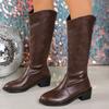 Fashion Comemore Autumn Winter Women's Boots Elegant Chunky Middle Heeled Knee High Boots for Women Solid Round Toe Leather Long Botas