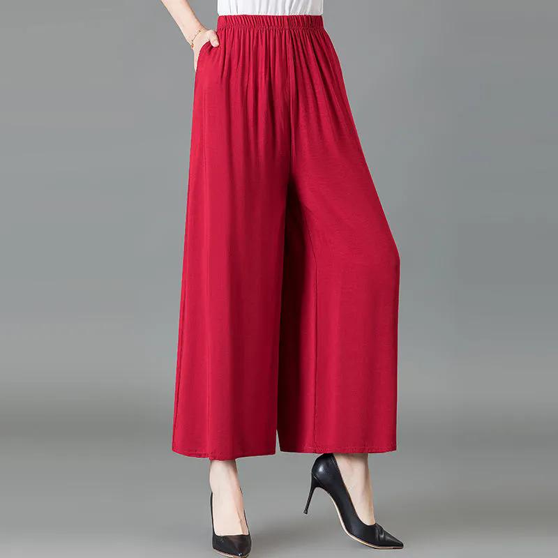 WTEMPO Women's Spring Summer Ice Silk Solid Color Wide Leg Pants Elastic High Waist Thin Mother's Loose Cropped Pants