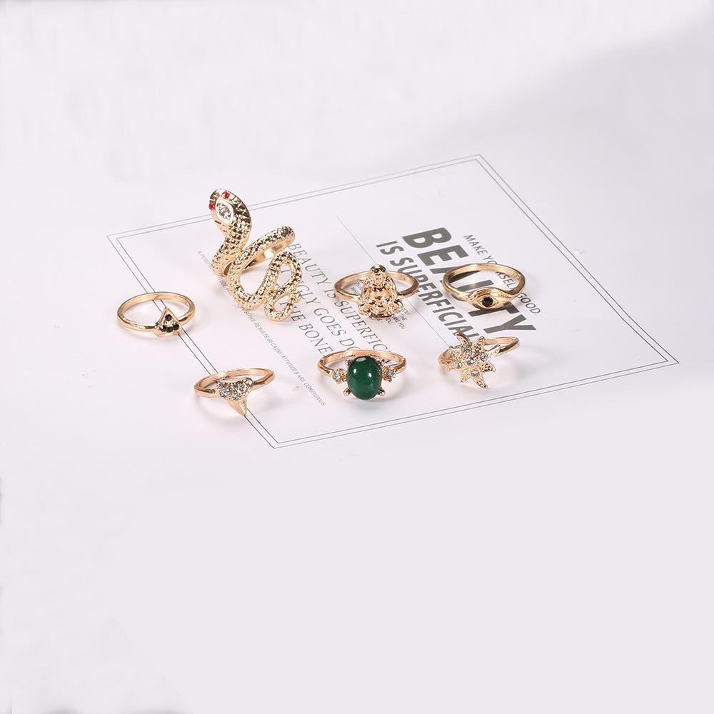 European & American Style 7-Piece Green Gemstone Opal Imitation Diamond Snake Knuckle Ring Set