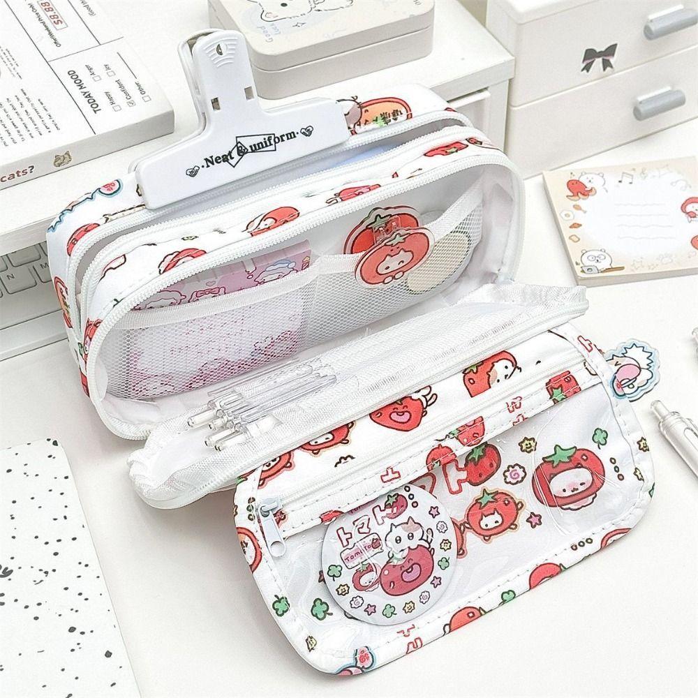 Flip Design Pen Bag Multilayer Large Capacity Stationery Bag Multifunctional Tomato Kitten Pattern Stationery Storing Bag