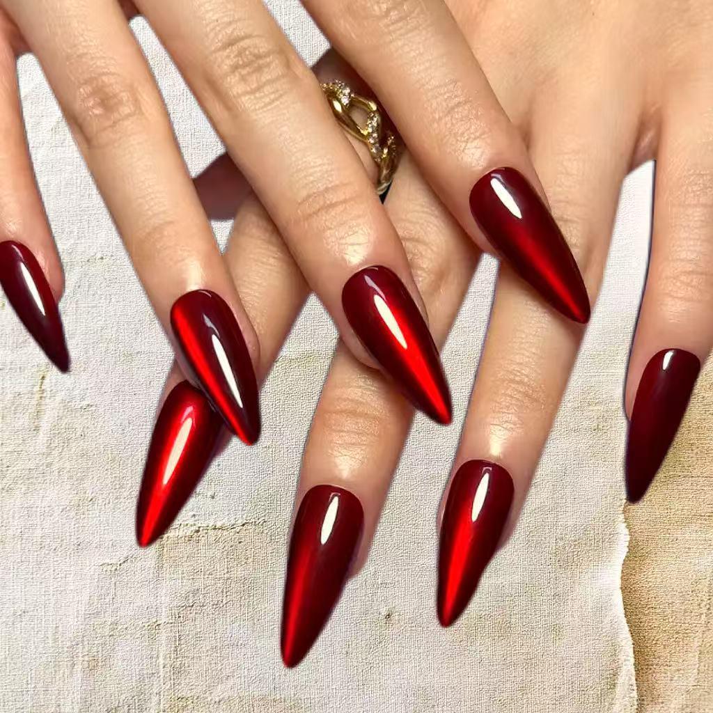 Red Shiny Cat s Eye Halloween False Nails - Almond-Shaped, Skin-Brightening, Exquisite Design