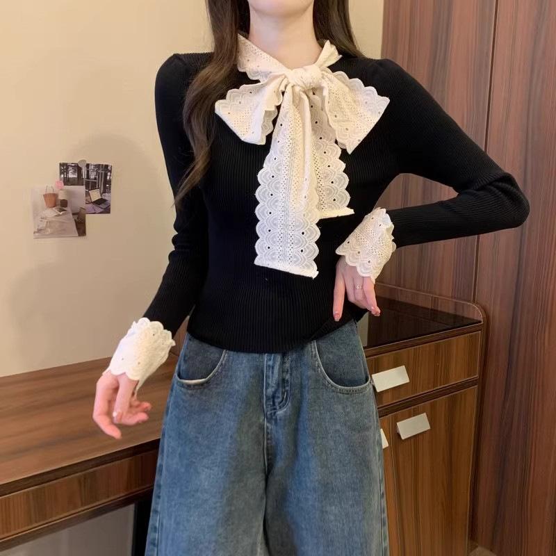 Bow Knitted Sweater Women's Autumn and Winter New Slim-fit Inner Design Bottoming Shirt Atmosphere Wear Top