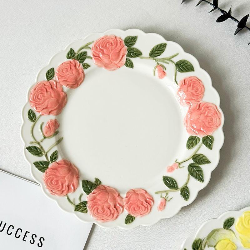 BRRose Flower Relief Dinner Plate Porcelain Dish 8 Inches Dessert Plate Restaurant Specialty Tableware Ceramic Disc Dinner PlatesEY
