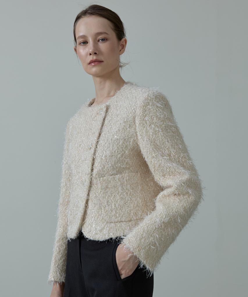 Ahre Glitter Wool Metallic Pearl Tweed Button Jacket_Cream