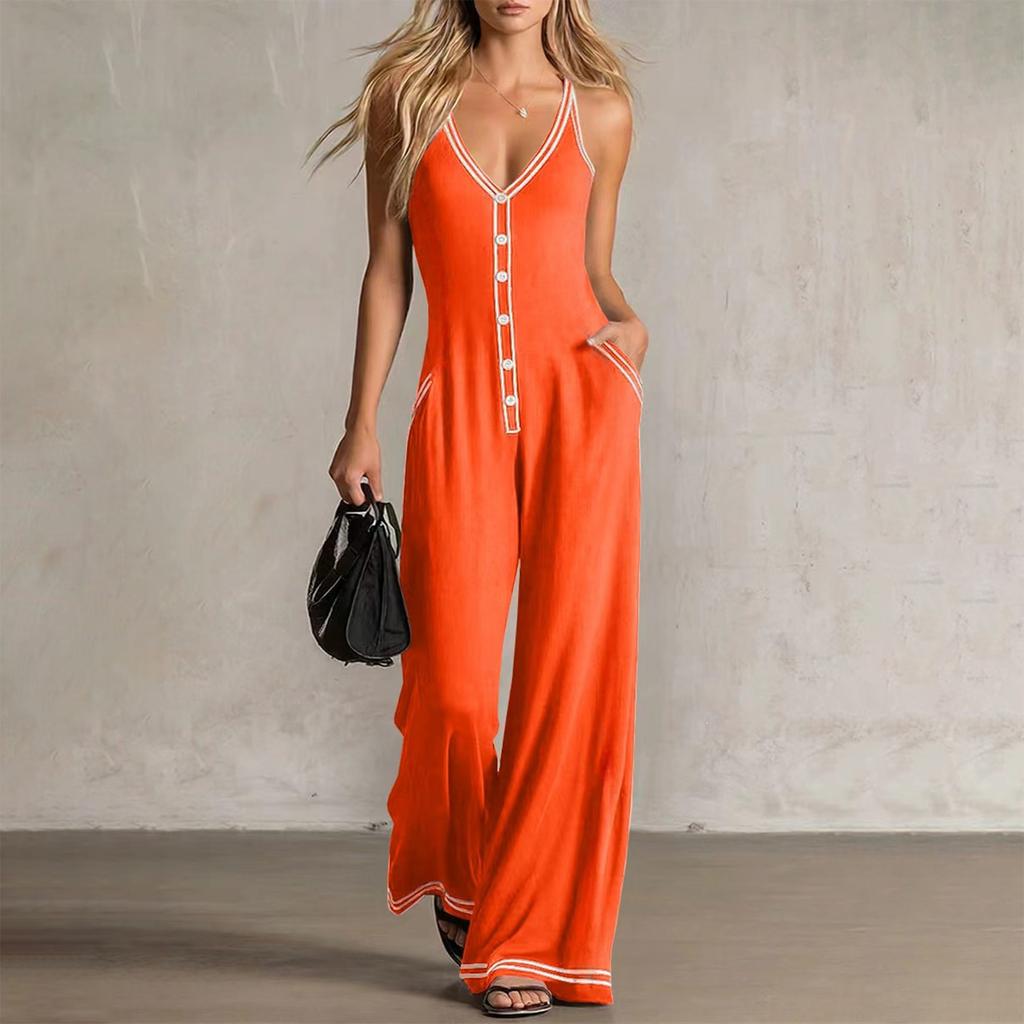Damen ärmelloser Jumpsuit V-Ausschnitt Knopfleiste Weites Bein Tasche Lässiger Einteiler Romper