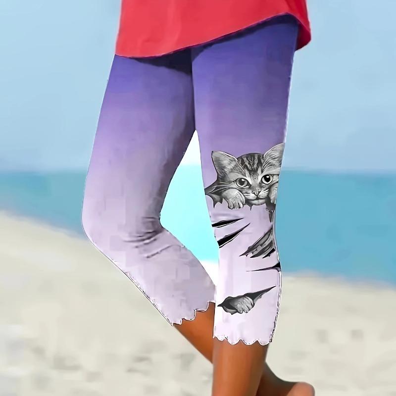 Casual Gato Estampado Slim Fit Mulheres Leggings Capris Moda Cintura Alta Correndo Calças Lady Elegante Skinny Moda Feminina Leggings Calças 24520