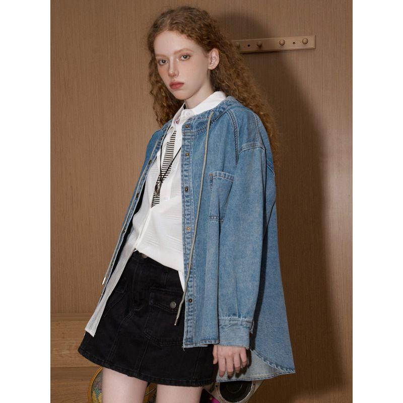 Coolhut Washed Blue Hooded Button Distressed Loose Denim New Jacket Women's Winter