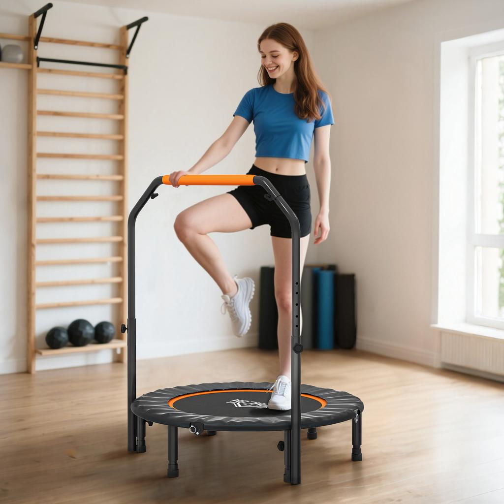 40 Zoll faltbares Mini-Fitness-Trampolin, mit verstellbarem Schaumstoffgriff, Orange