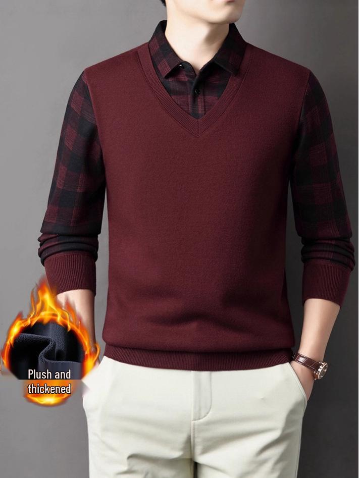 Men's Winter Plus Velvet Faux Two-Piece Shirt with Long Sleeves and Collar - Warm Base Layer for Middle-Aged Casual Wear