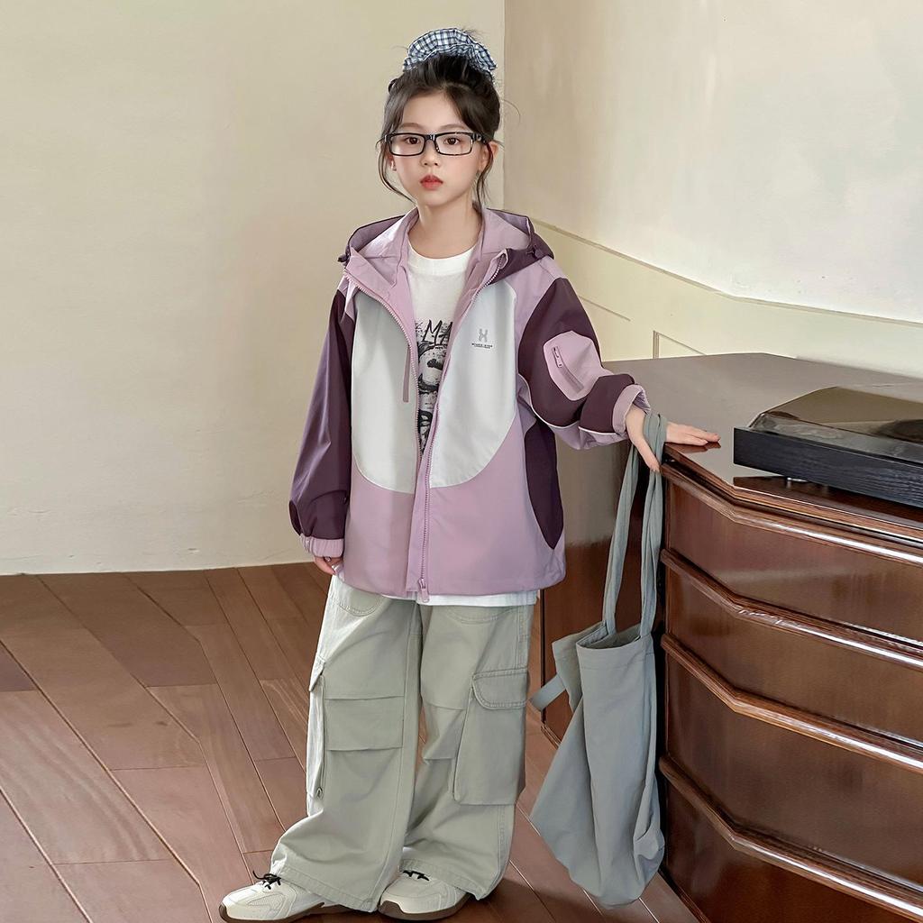 Girls' Color Block Hooded Windbreaker - Spring/Autumn 2025 Casual Sports Jacket for Big Kids