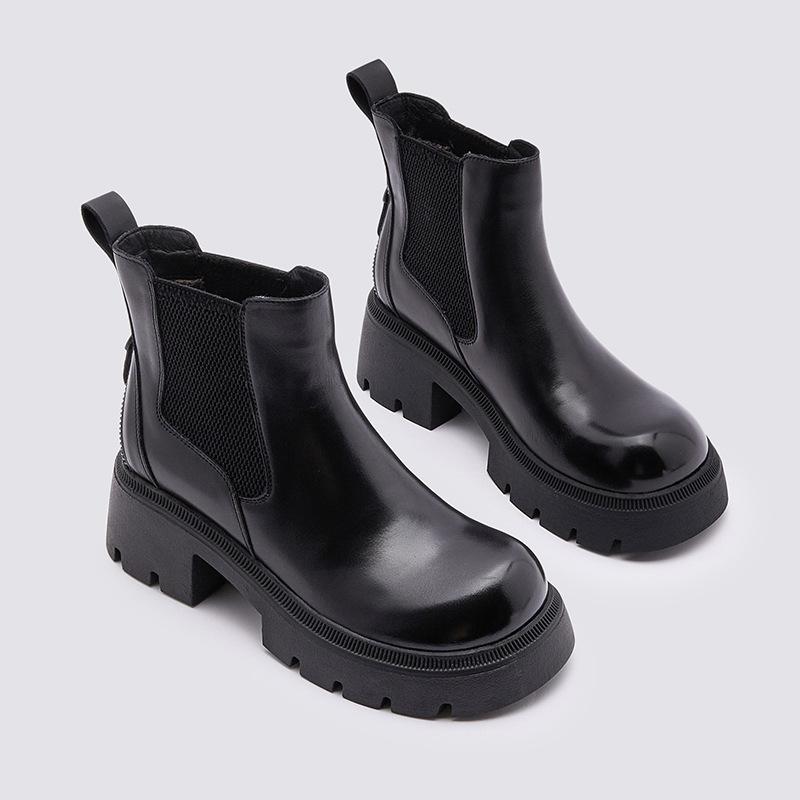 Leather Martin Boots Women's Short Boots 2025 Autumn and Winter New Retro Cigarette Boots Velvet Thick-soled Medium Tube Chelsea Boots