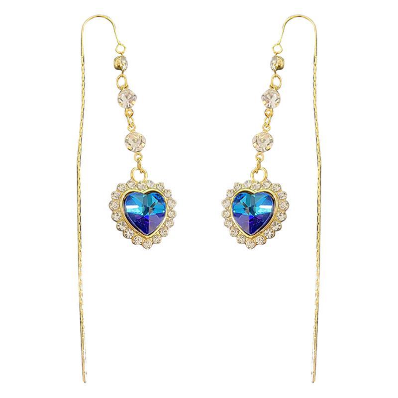 Eleganckie niebieskie kryształowe kolczyki miłosne dla kobiet – długie, luksusowe wzornictwo