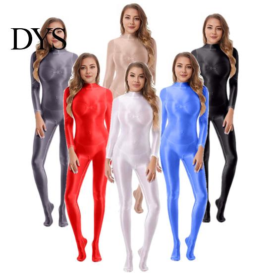 Supportive Bodysuit Lady Glossy Bodystocking Stretchy Sexy Full Long Sleeve Jumpsuit with Zipper Shiny Smooth Leotard Catsuit for Dance Practice Club