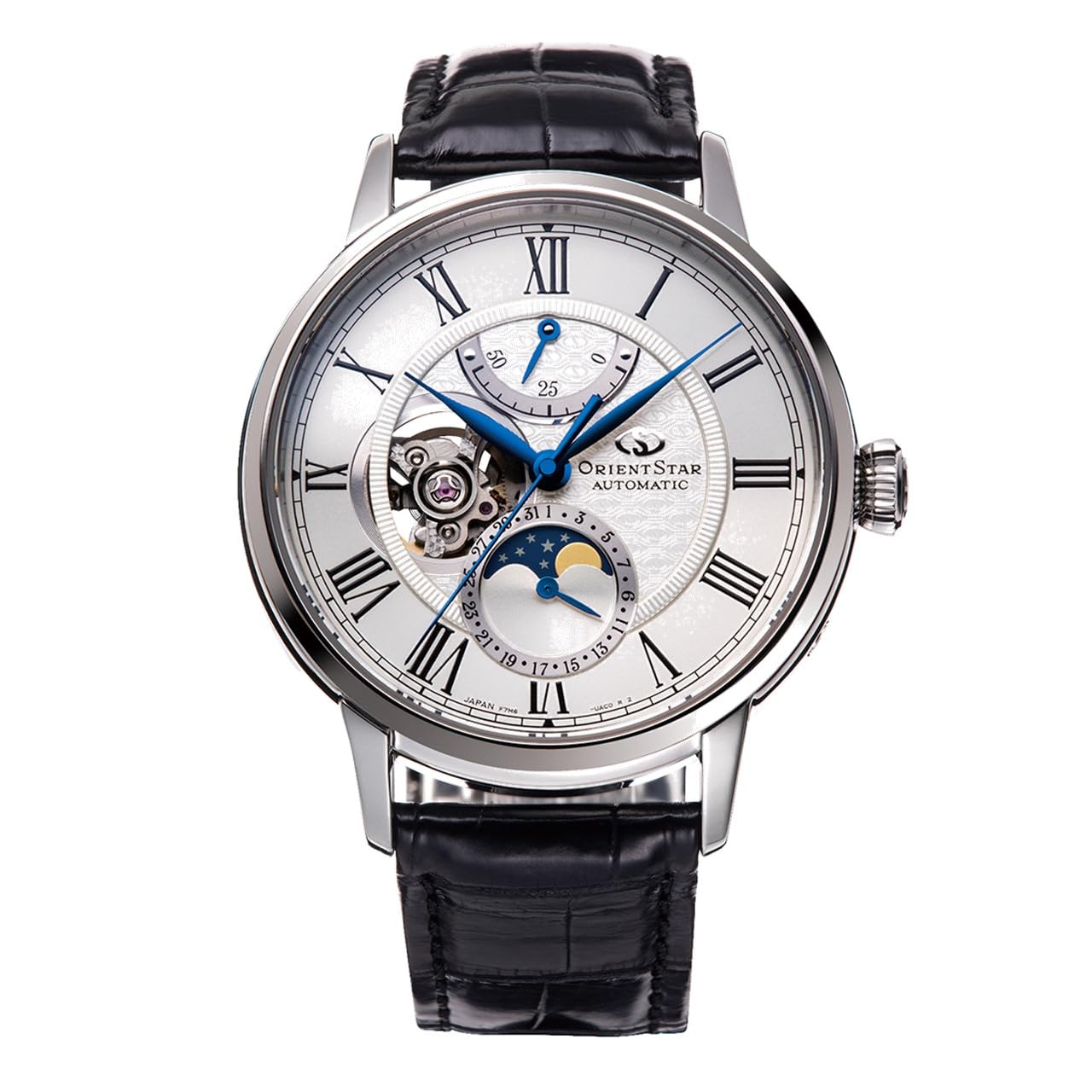 

[ORIENT STAR] Чоловічий автоматичний годинник M45 F7 з механічним індикатором фаз Місяця, відкрите серце, зроблено в Японії, 2 роки гарантії, білий циферблат RK-AY0101S