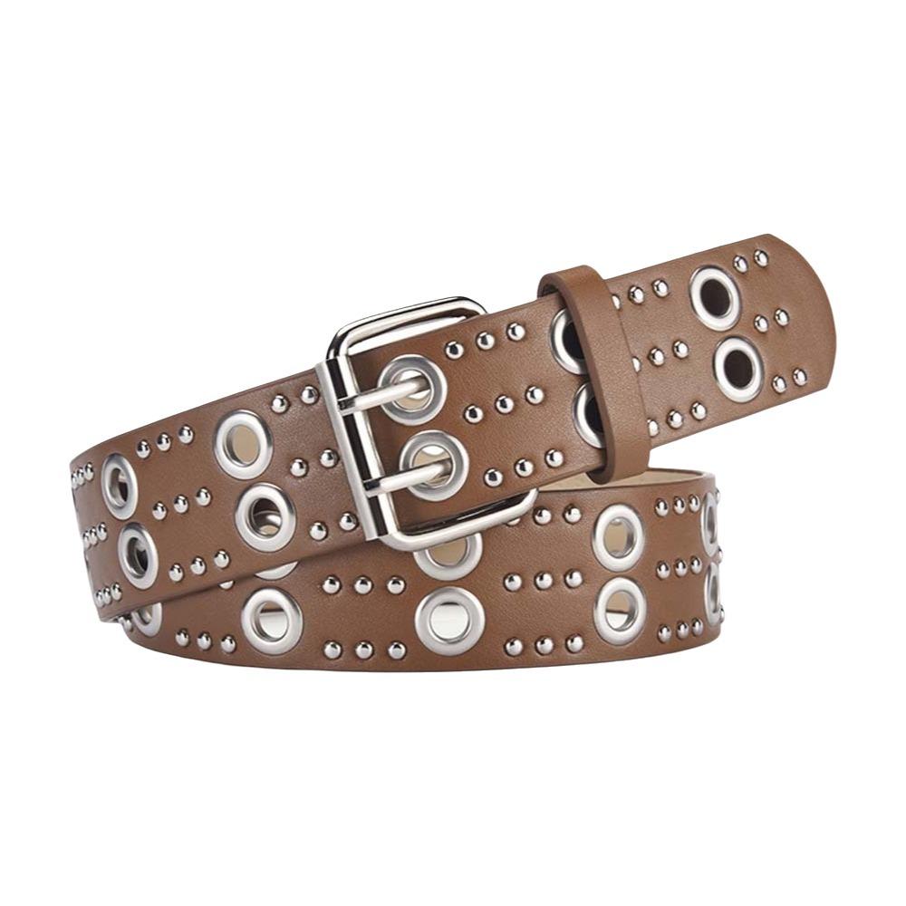 Double Row Needle Buckle Hollow Rivet Belt Adjustable Black Leather Waistbands  Women