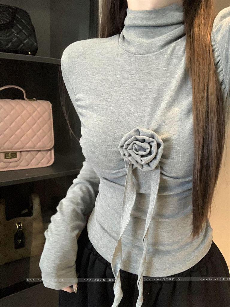 Sweet Style 3D Flower High Neck Long Sleeve Women's Slimming Top - Autumn/Winter