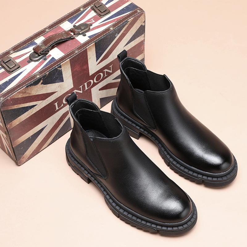 Chelsea Boots Men's Winter Fleece British Middle Help One Pedal Cigarette Boots Thick-soled Height Increasing Martin Boots Low-Top Boots