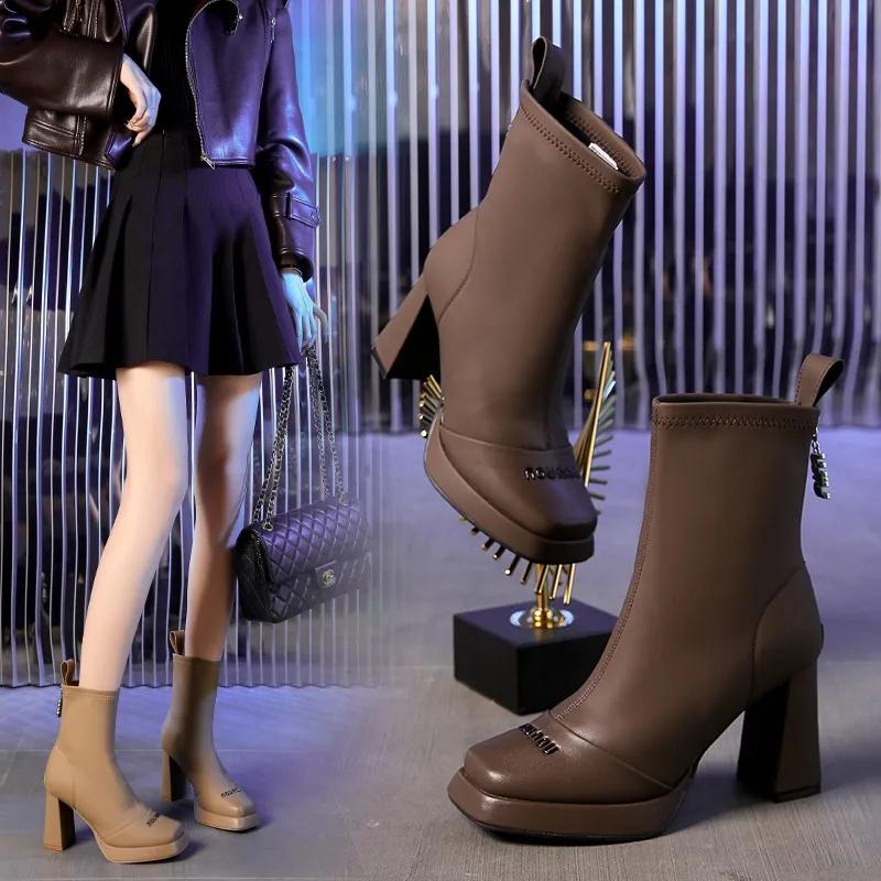 2025 New Autumn Women's Stretch Boots Square Head Square Heel Back Zipper Platform Heels Women Short Boots Waterproof Platform