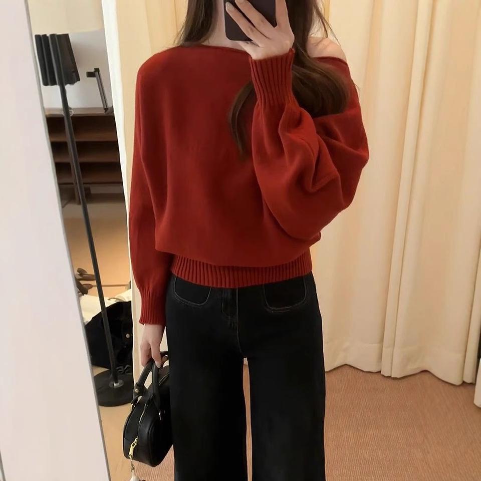 Asymmetrical One-Shoulder Gray Knit Sweater - Women's 2024 Autumn Loose-Fit Pullover
