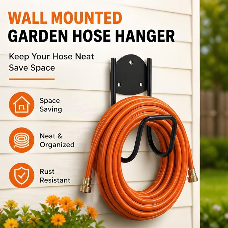 Yard Hose Storage Rack Wall Mounted Metal Holder Set of 2 for Garden and Balcony Use, Curved Front Bar for Coiled Hose Storage During Watering