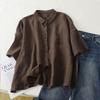 Womens Linen Cotton Button Up Blouse Casual Short Sleeve Pocket Shirt