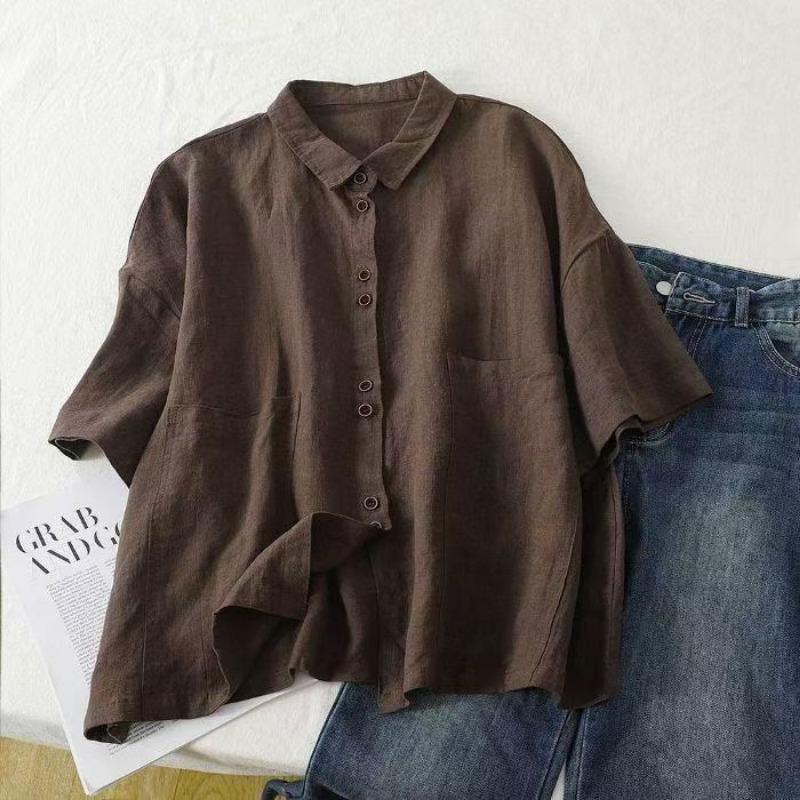 Womens Linen Cotton Button Up Blouse Casual Short Sleeve Pocket Shirt