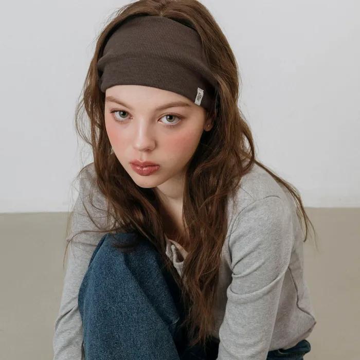 MINIMAL RIBBED WIDE HAIR BAND BANDANA_BROWN