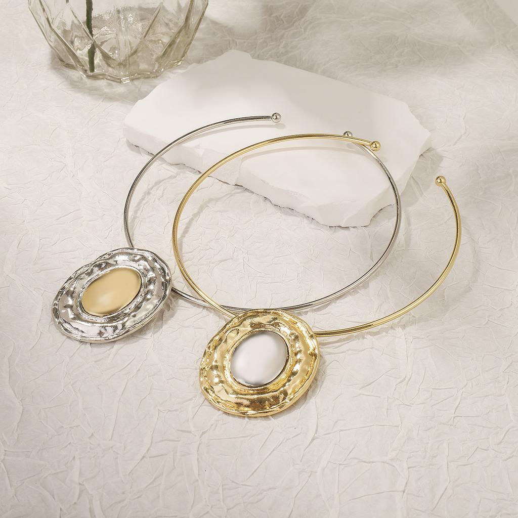 Tooxika Patchwork Oval Mirror Necklace Metal Colour Blocking Pendant Necklace Collar