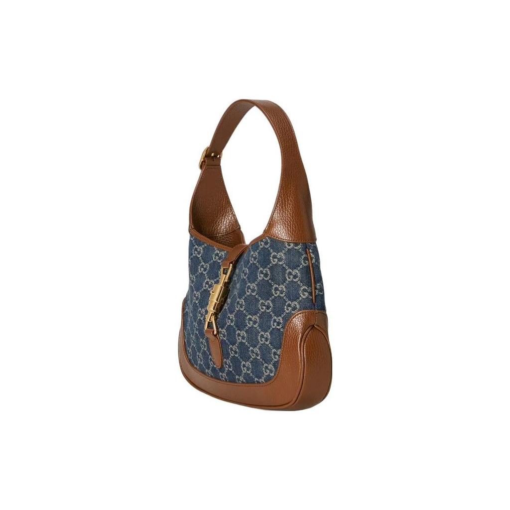 Gucci Jackie 1961 Small Shoulder Bag GG Denim Canvas Brown Leather Gold Hardware Hobo Handbag for Women Daily Commute Shopping 636706-2KQGG-8375