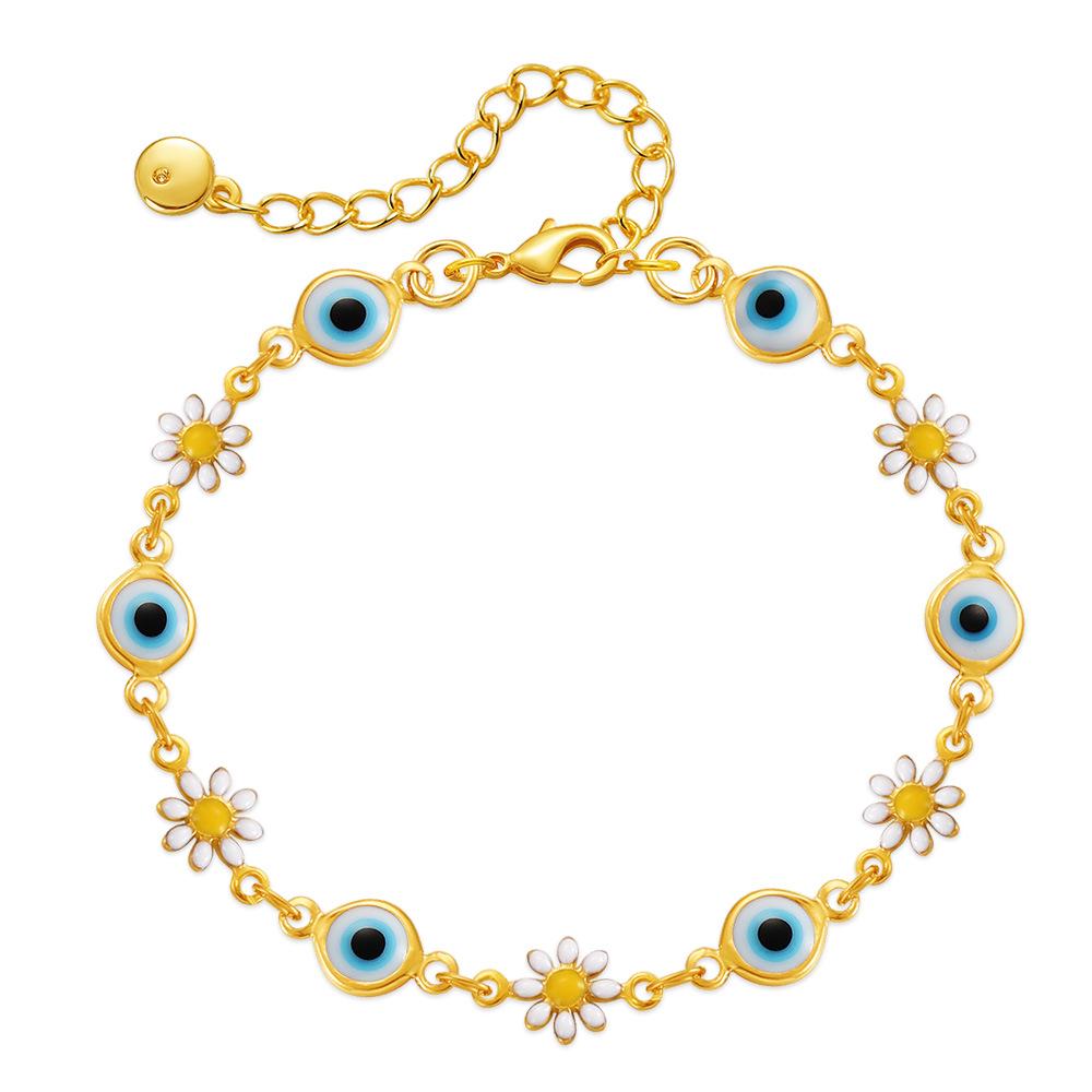 Multicolor Enamel Daisy Eyes Bracelet with Gold-Plated Brass Chain