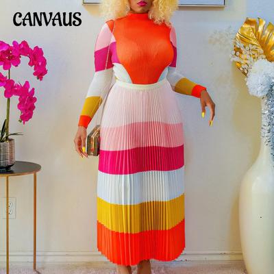 Spring and Autumn Women's Plus Size Dress Pleated Printed Clashing Set Long Sleeve Top Fashion Half Skirt