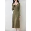 Autumn and Winter New V-neck Thin Medium and Long Knitted Dress Women's Solid Color Temperament Simple Inside with a Bottom Sweater Skirt