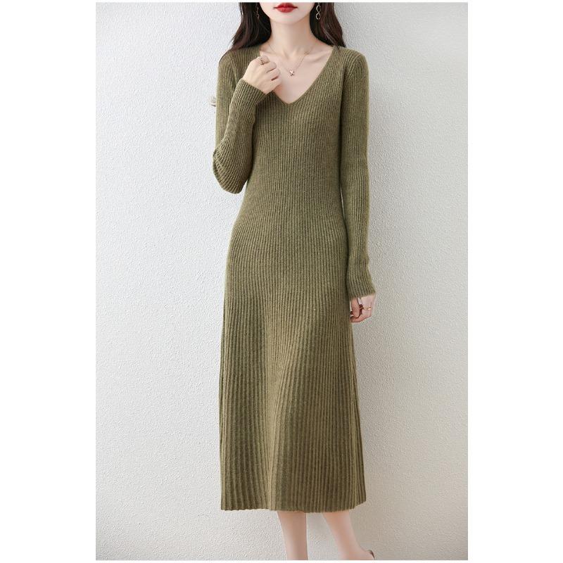 Autumn and Winter New V-neck Thin Medium and Long Knitted Dress Women's Solid Color Temperament Simple Inside with a Bottom Sweater Skirt