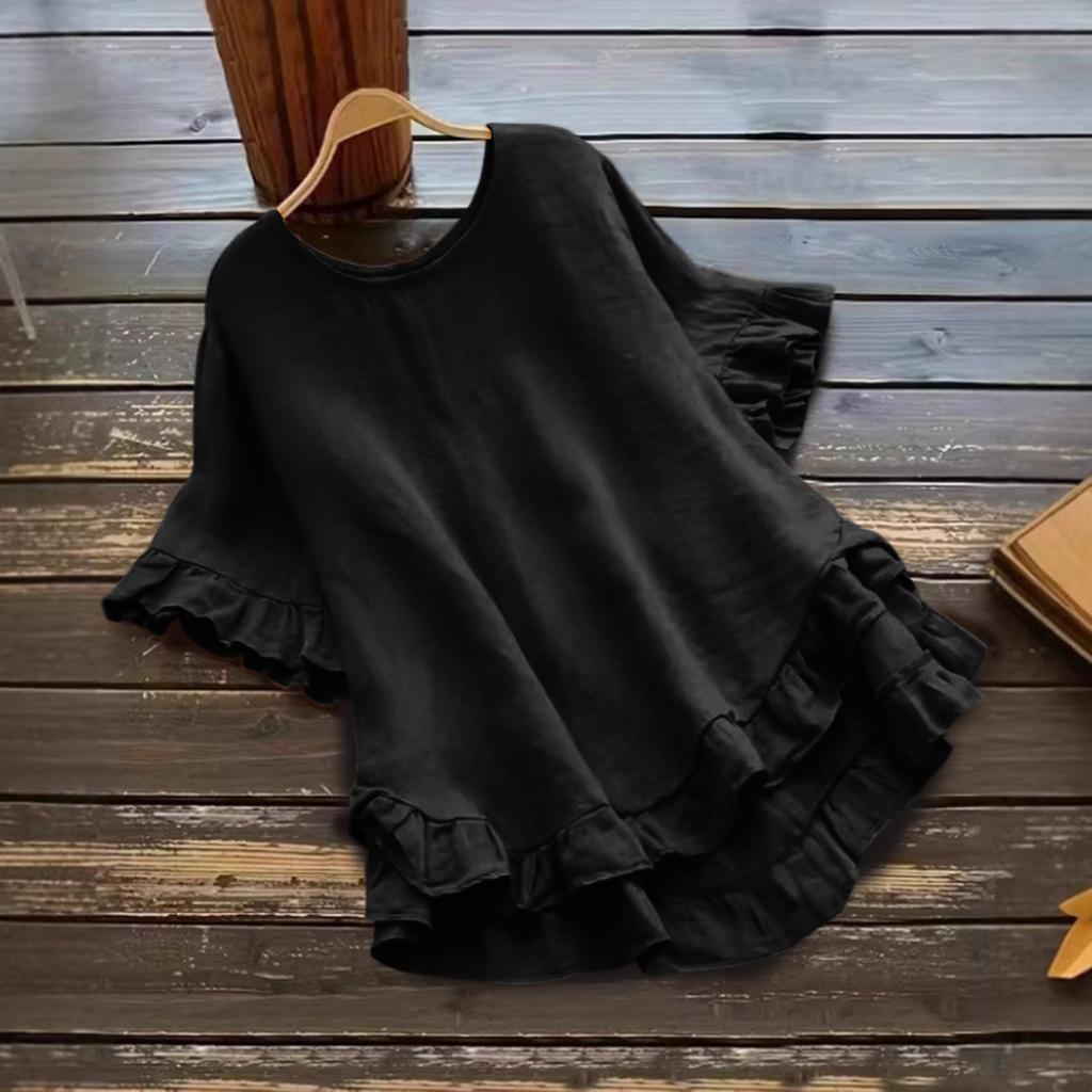Women's Fashionable Plus Size Color Round Neck Ruffle Short Sleeved  Round Neck Loose Pullover Top