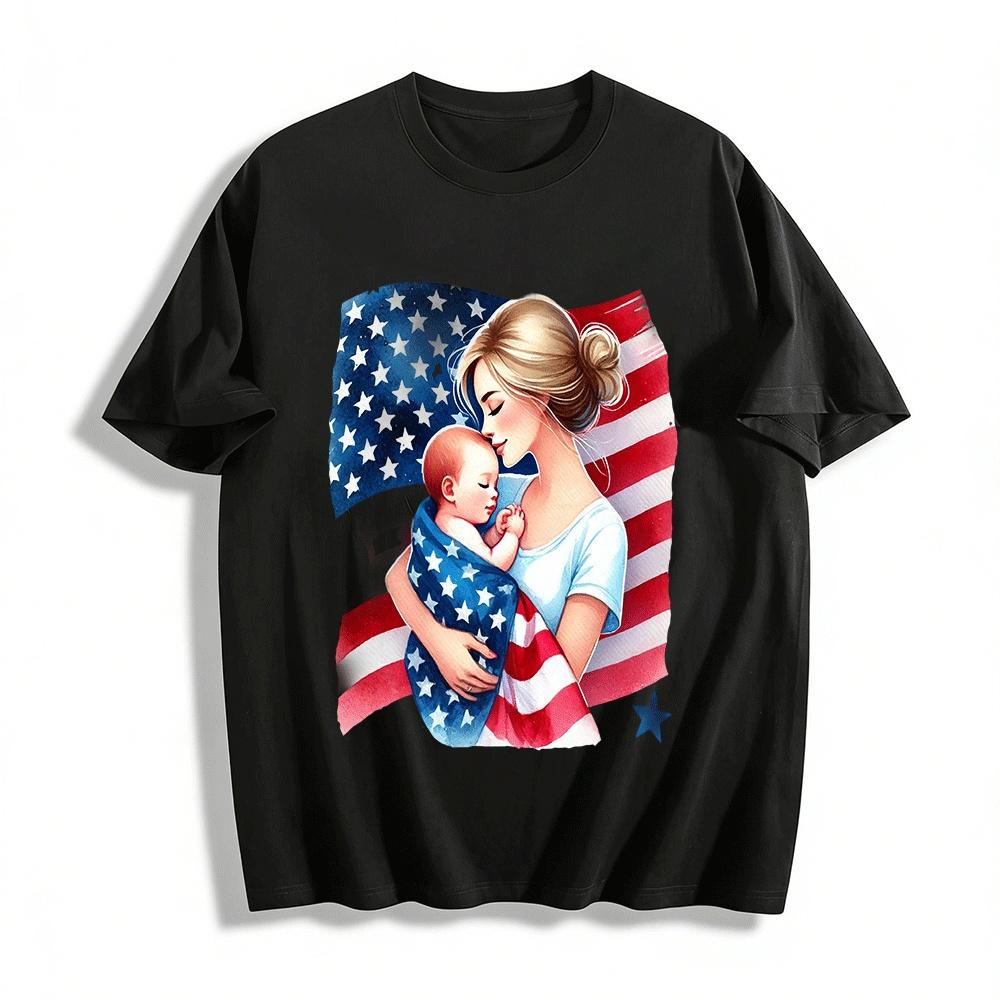 American Flag Print Mom And Baby Graphic Short Sleeve Tee Pure cotton T-shirt XXS
