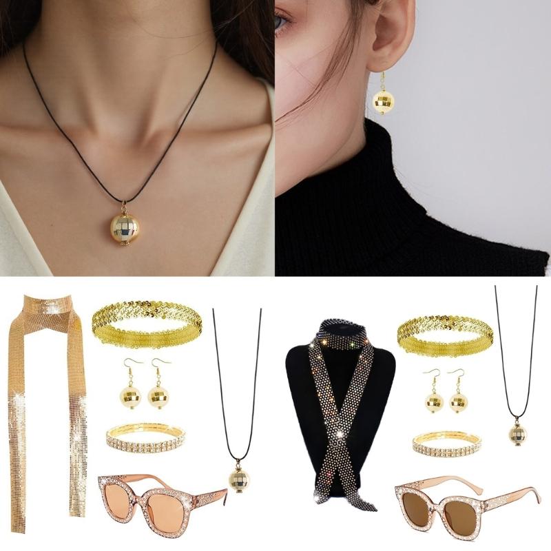 60s 70s 80s Disco Accessories Halloween Costume Jewelry Sunglasses Sequins Headband Ball Earrings Neacklace Bracelets