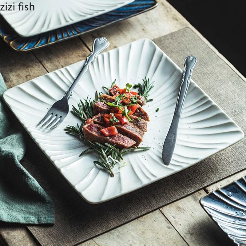 Retro Ceramic Square Plate Dessert Plate Sushi Dish Sashimi Dish Relief Striped Tableware Creative Snack Plate Steak Plates