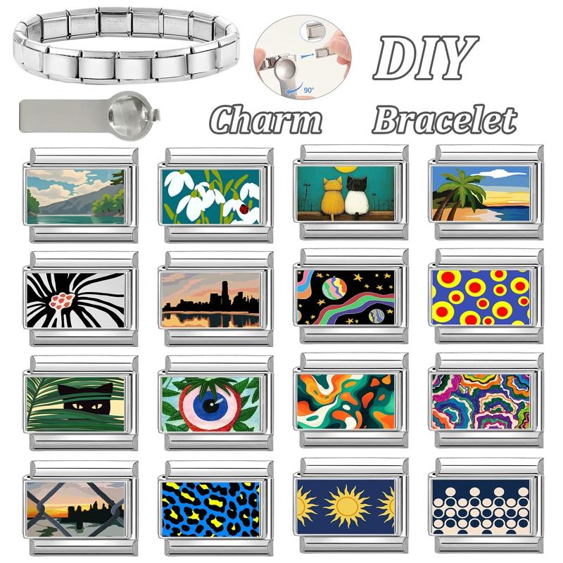 Romantic Sunset Scenery Funny Cat Flower Eyes Italian Charm Link Fit 9mm Stainless Steel Bracelet Women Making DIY Jewelry