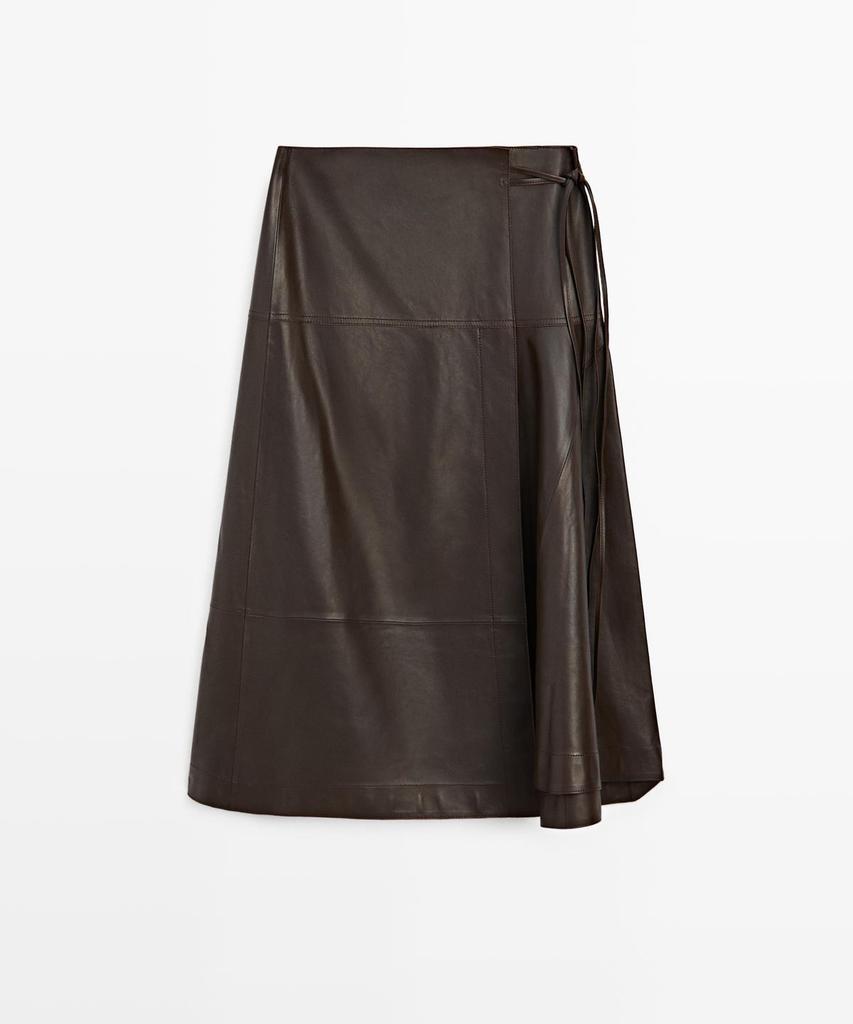 Masimodutti Napa Leather Bow Detail Midi Skirt