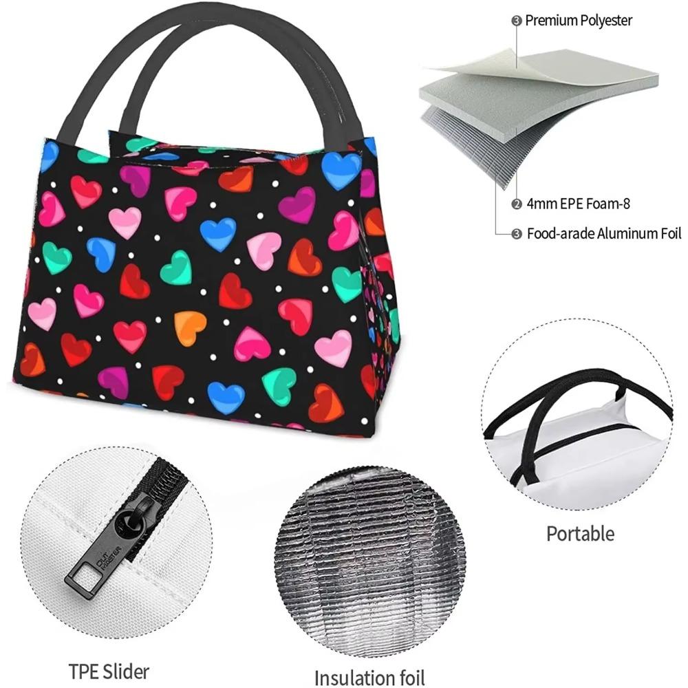 Red Heart Pattern Valentine's Day Lunch Bag Portable Reusable Insulated Lunch Box for Women Men Tote Bag for Work Travel Picnic