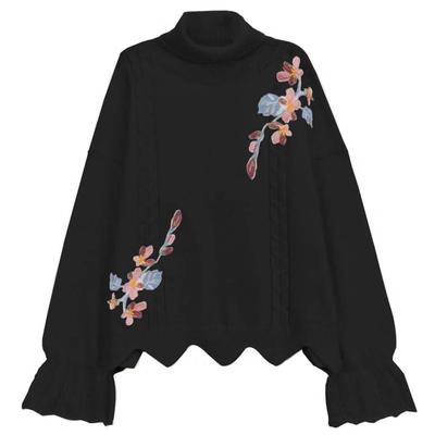 Pofulove Embroidery Turtleneck Sweater Autumn and Winter Pullover Top Korean Loose Women's Sweater