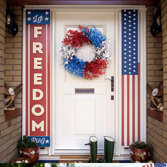 Yousheng 4th of July Artificial Flowers Topiary Ball Tree with Ground Stake Red White Blue Patriotic Fake Flower Plant Shrubs for Independence Day