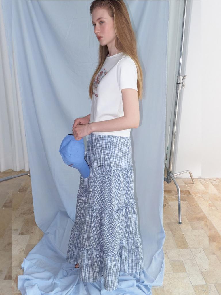 Etmont Check Frill Tiered Skirt, Navy