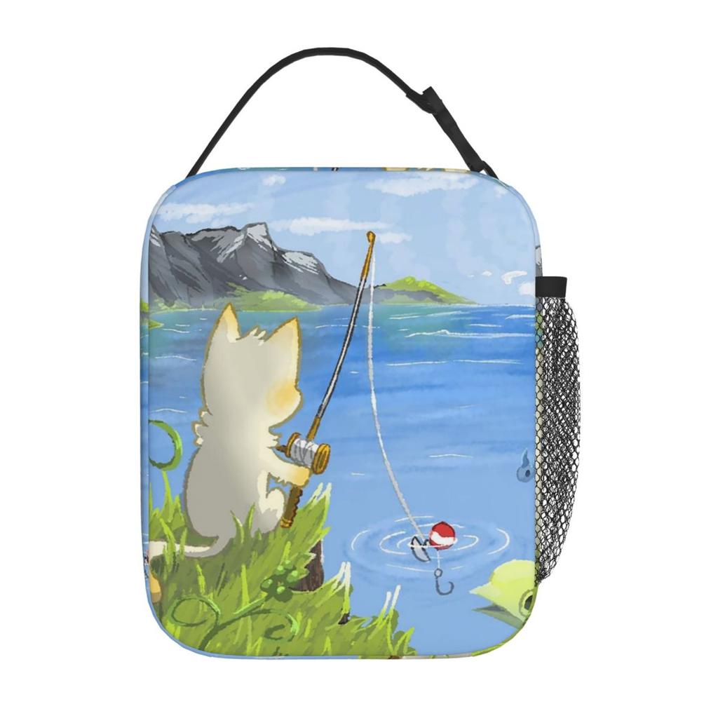 Cartoon Small Cat Fishing Insulated Lunch Bag for Kids School Cooler Thermal Food Box Tote Portable Lunch Boxes Container